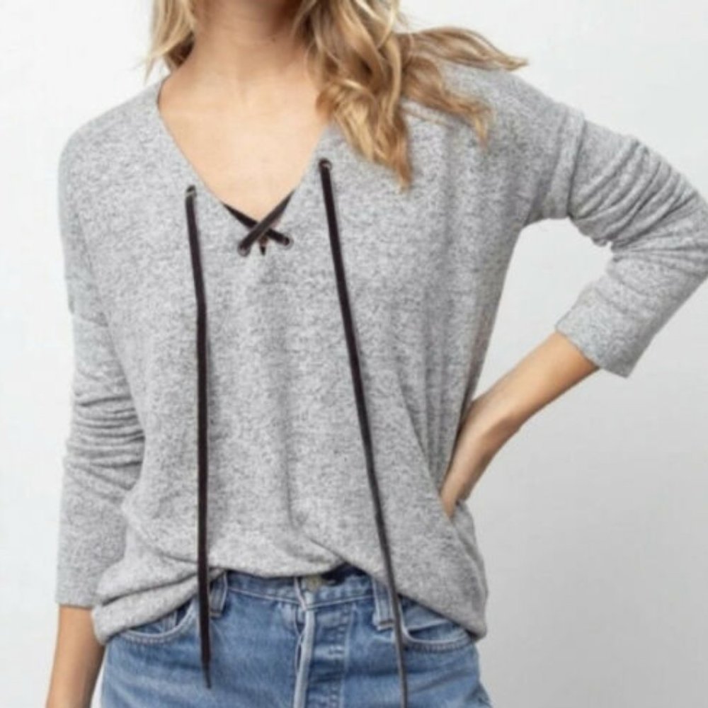 Rails Leigh V-Neck Velvet-Ties Long-Sleeve Heathered Top